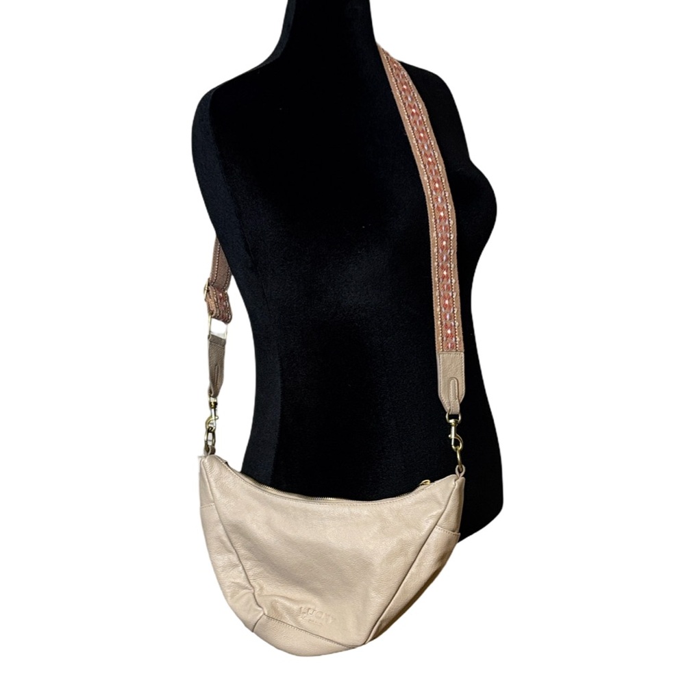 Lucky Brand Cream Crossbody Bag with Pink Embroidered Strap